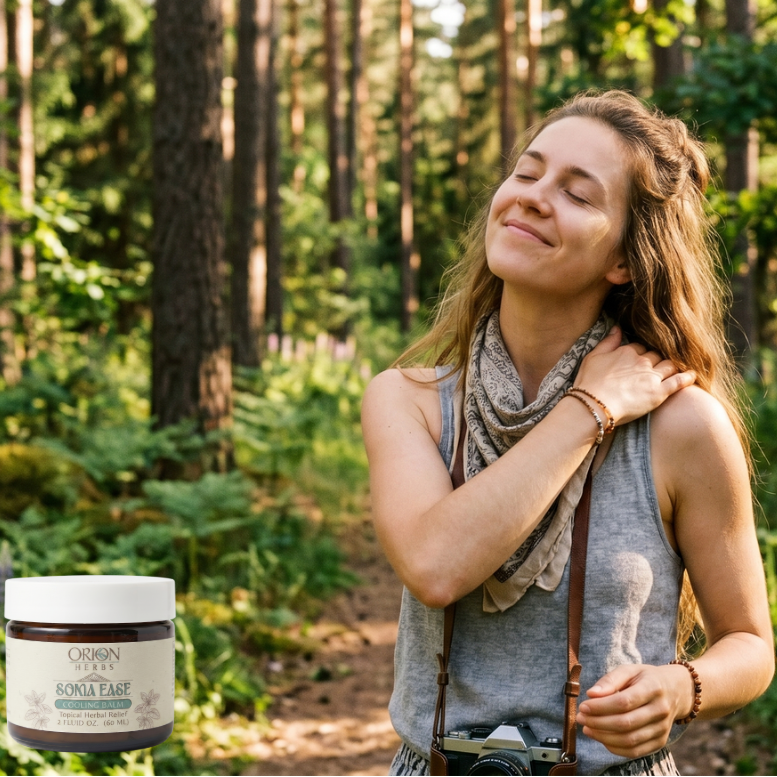 Women in the forest using natural remedy for her shoulder 
