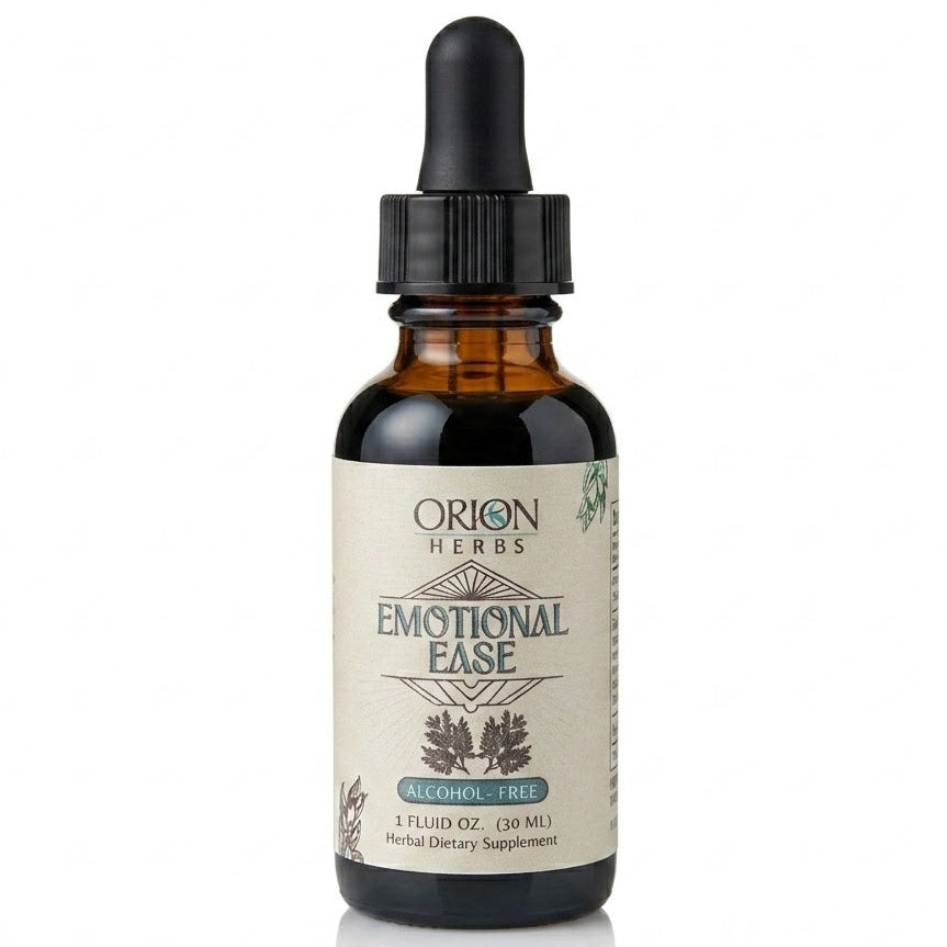 Bottle of Orion Herbs Emotional Ease supplement with dropper on a white background