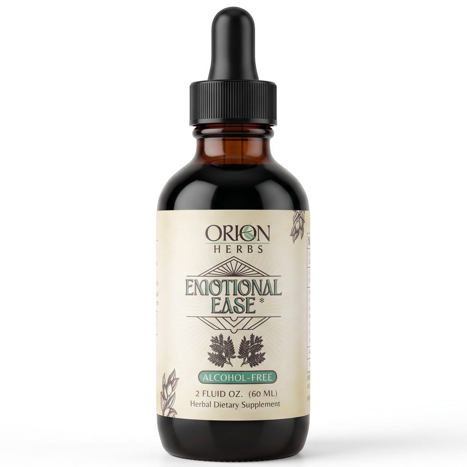 An amber glass dropper bottle of Orion Herbs Emotional Ease herbal supplement, featuring a cream-colored label and a black dropper cap, set against a plain white background.